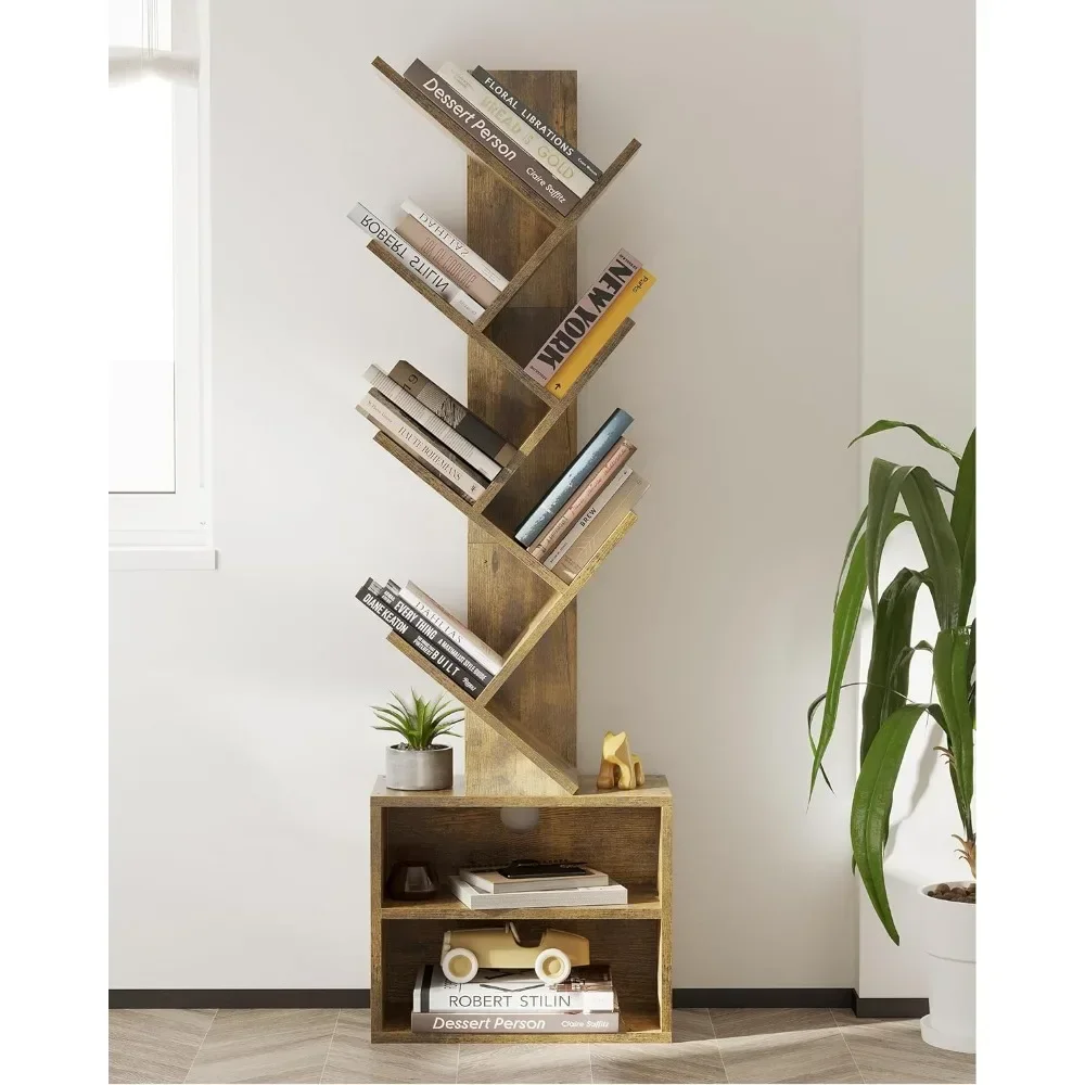 6 Tier Tree Bookshelf, Small Bookcase with Storage Cabinet, Modern Tall Narrow Bookshelves Organizer, Floor Standing Book Shelf