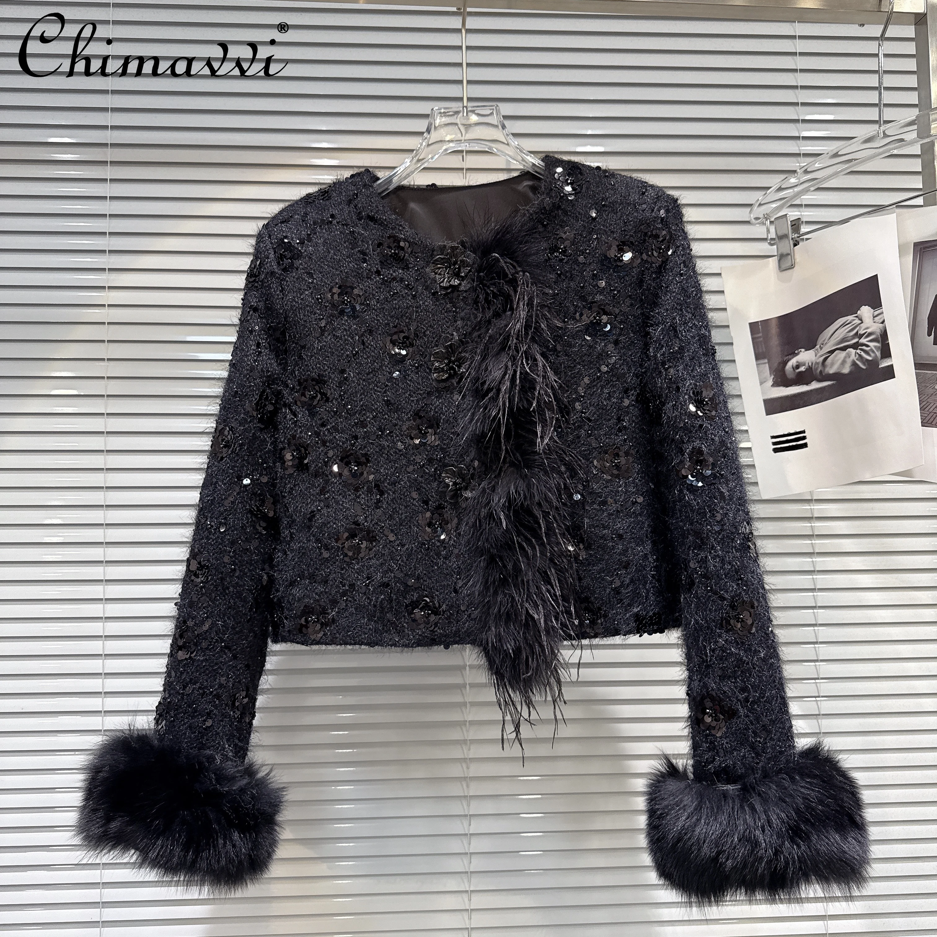 

French Elegant Socialite Black Sequin Down Coat Faux Fur Long Sleeve Feather Patchwork Single-Breasted Short Jacket Women Winter