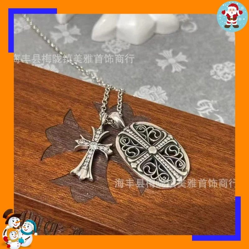 New High Version Kejia Vintage Men's and Women's Cross Collarbone Chain Vine Guardian Cross Flower Shield Diamond Necklace
