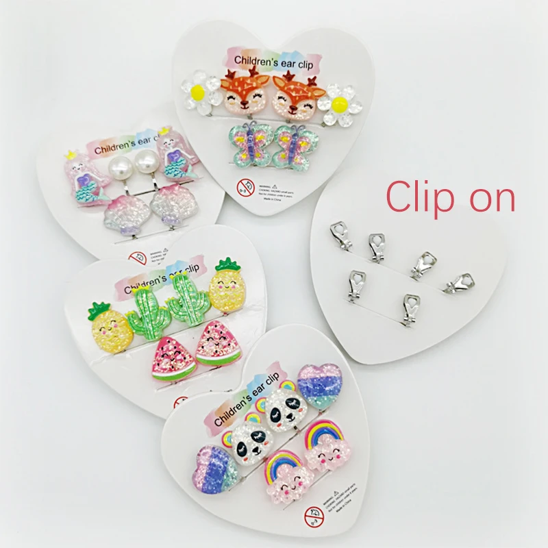 Cute Panda Mermaid Mixed 3PRS Pearls Clip on Earrings for Children Girls No Pierced Earring Jewelry