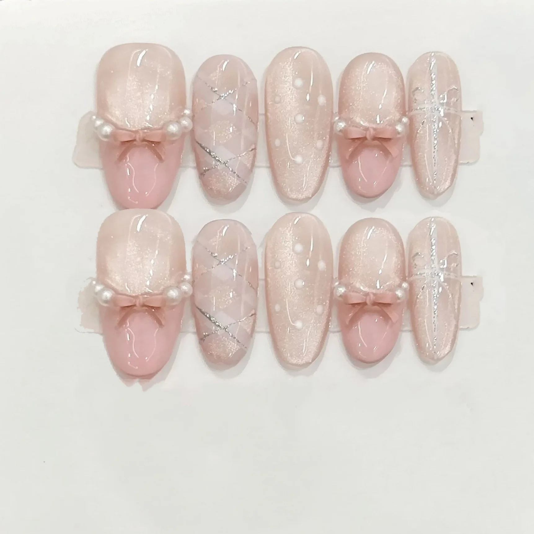 10Pcs Pink Handmade False Nails Set Tips Aurora Bow Pearl Design Stick on French Nail Fake French Polka Dot Plaid Nails Press On