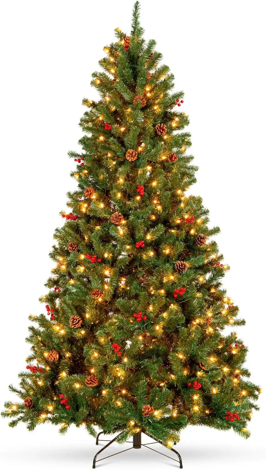 9Ft Pre-Lit Pre-Decorated Spruce Hinged Artificial Christmas Tree W/ 2,128 Tips, Pinecones, Berries, 900 Lights, Metal Base