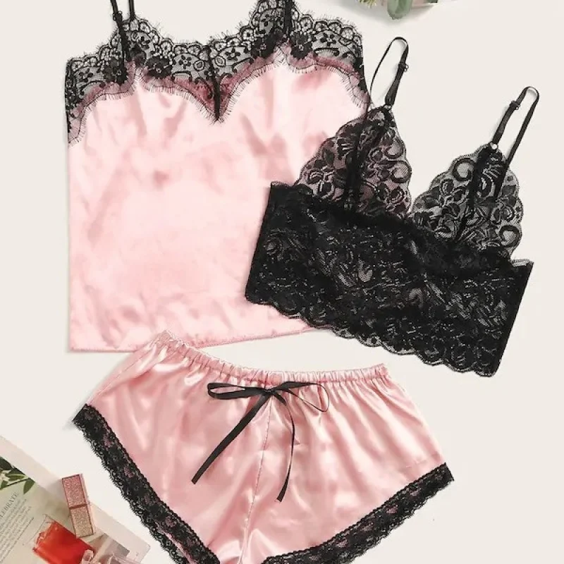 

Ladies 3Pcs Nightwear Set Robe + Cami Dress + Bottoms