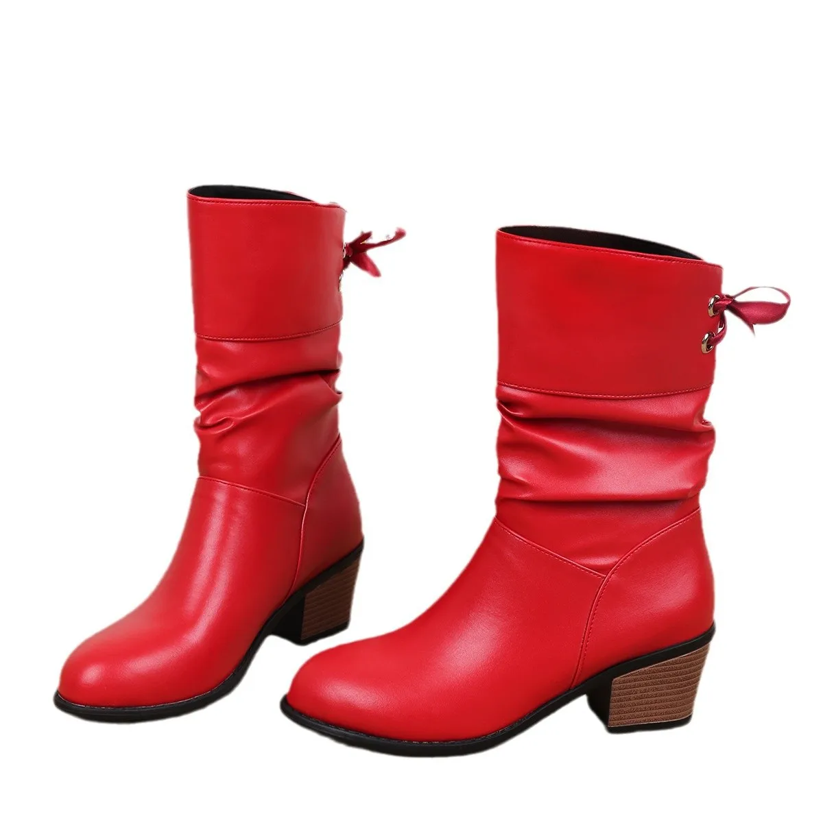 الأحذية النسائية الحديثة الخريف عادية الظهر الدانتيل متابعة منتصف العجل الأحذية موضة مطوي بولي Leather الجلود كعب منخفض بوتاس امرأة أحذية كبيرة الحجم