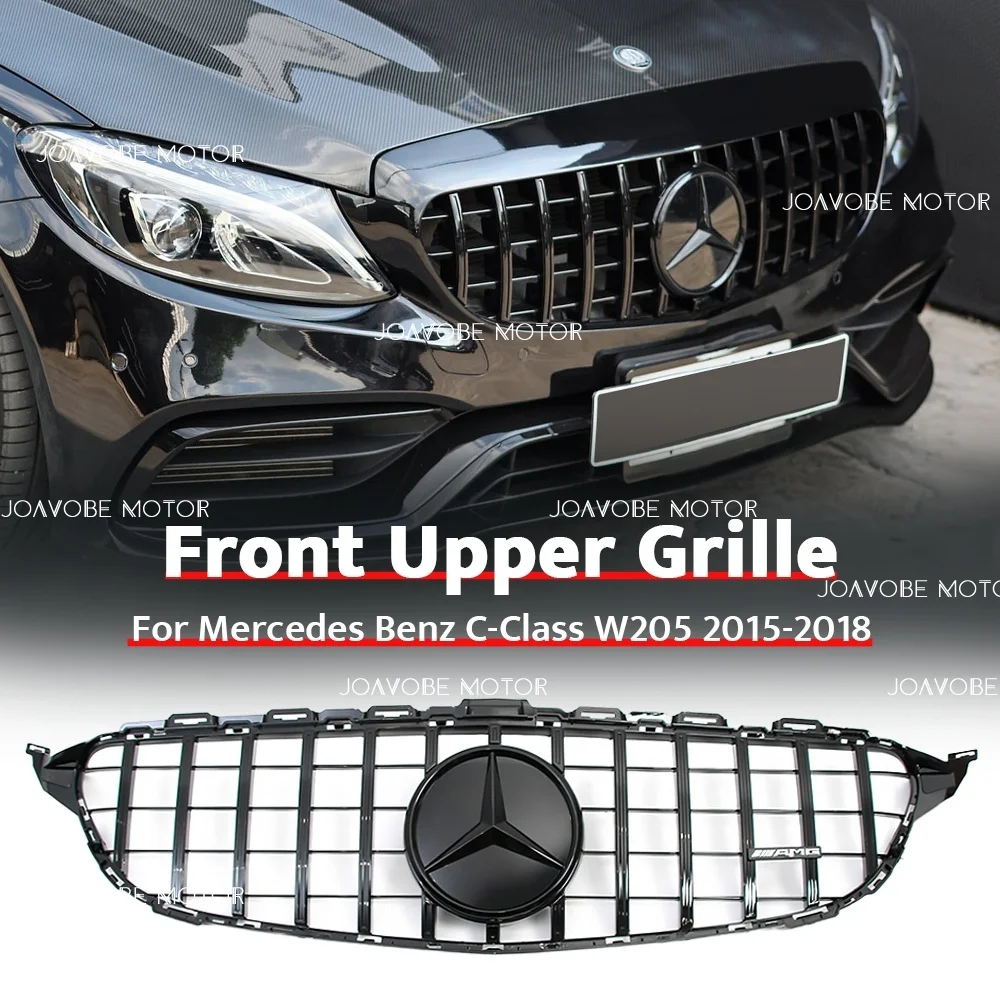 

Black C63S Style Front Grille W/Glossy Black LED Emblem For Mercedes Benz C-Class W205 S205 C205 A205 2015-2018 W/O 360 Camera