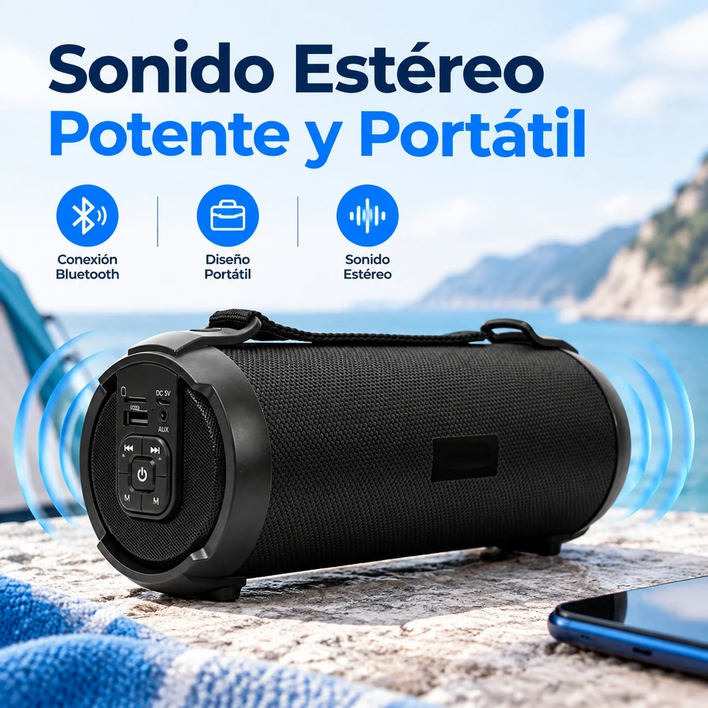 Altavoz Portátil Bluetooth 5.0, Parlante Inalámbrico con Radio FM, Reproducción USB y Tarjeta Micro SD, Entrada AUX, Batería Recargable 1500mAh, Correa para Transportar, Ideal para Exterior, Casa y Viaje
