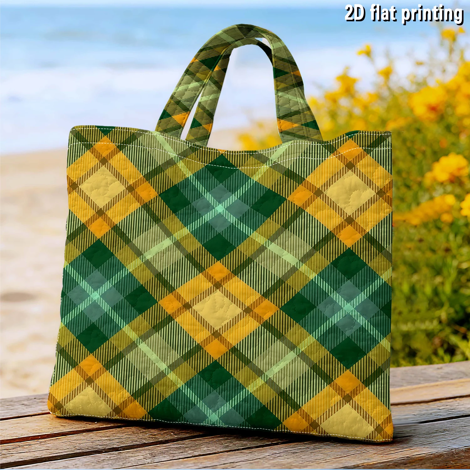 Bolso de lona para mujer con estampado de cuadros verde oliva y mostaza, bolso de mano con impresión a doble cara, bolso de compras, bolso de mano moderno y divertido para regalo.