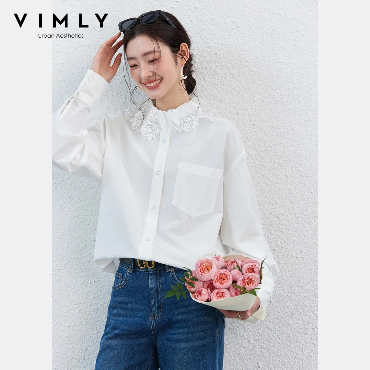 

VIMLY Women's White Minimalist Blouse 2026 Spring New French Elegant Peter Pan Collar Lace Trim Lyocell Long Sleeve Shirt 30783