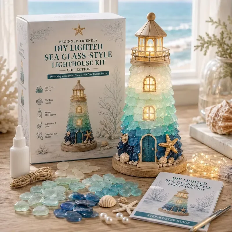DIY Lighted Sea Glass Style Lighthouse Kit Collection Beginner Friendly Diy Glass Decorating with Pieces Guide Handmade Home