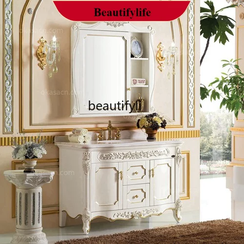 

DD132 European bathroom cabinet mirror cabinet red oak wash basin cabinet combination floor solid wood carving flower