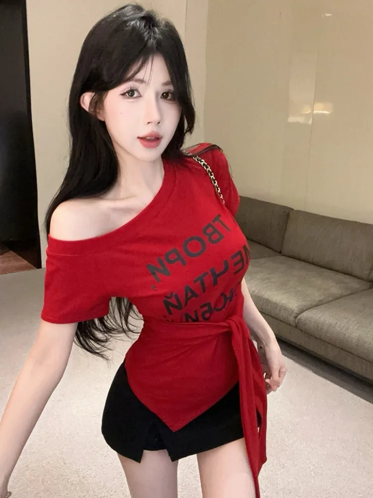 

American Style Letter Print Asymmetrical Slim Fit Short Sleeve T-Shirt Women Summer Hot Girl Shoulder Baring Tie Top City Wal...