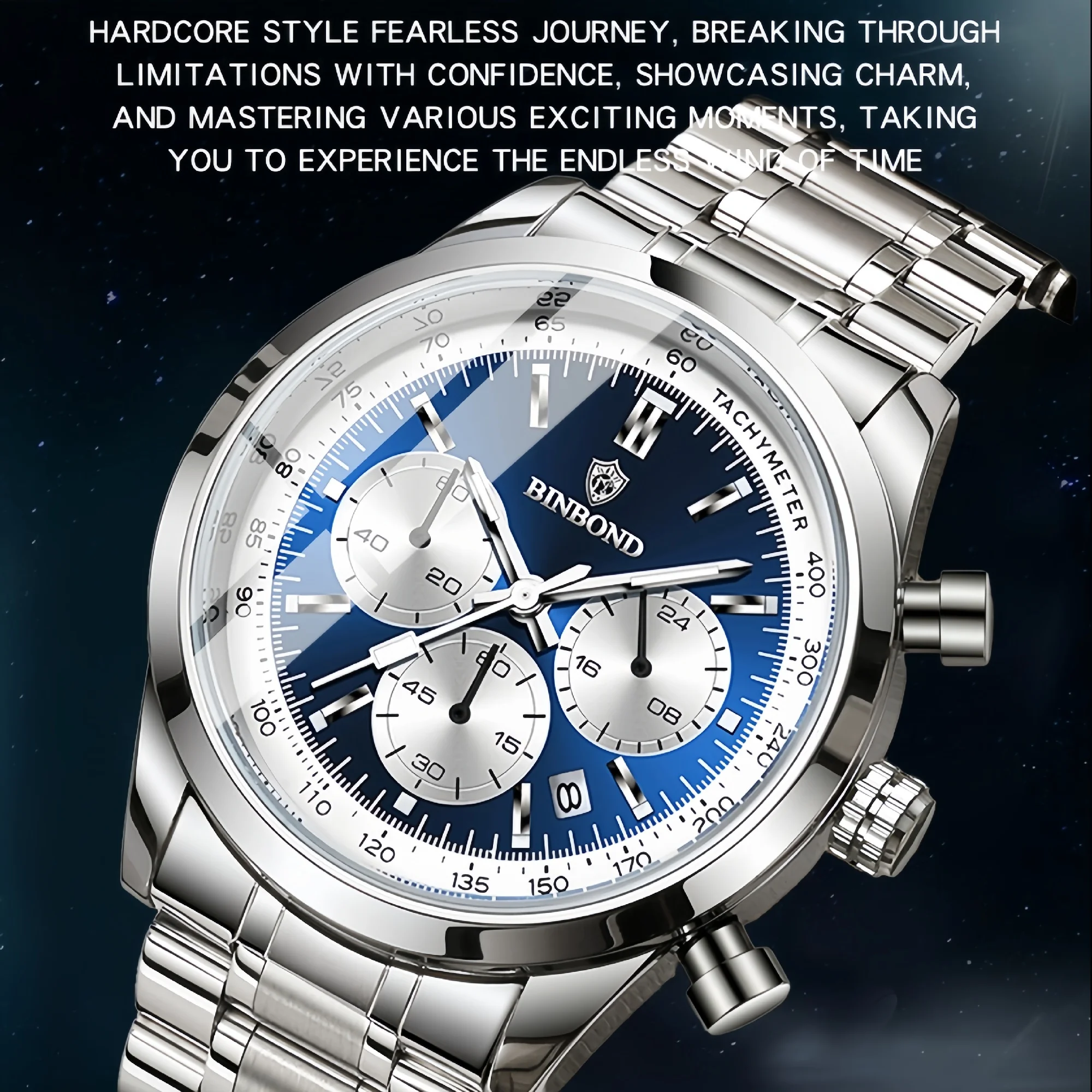 BINBOND Business Brand Men's Stainless Steel Quartz Watch  Complete Calendar Water-Resistance Suitable Festival Birthday Gift