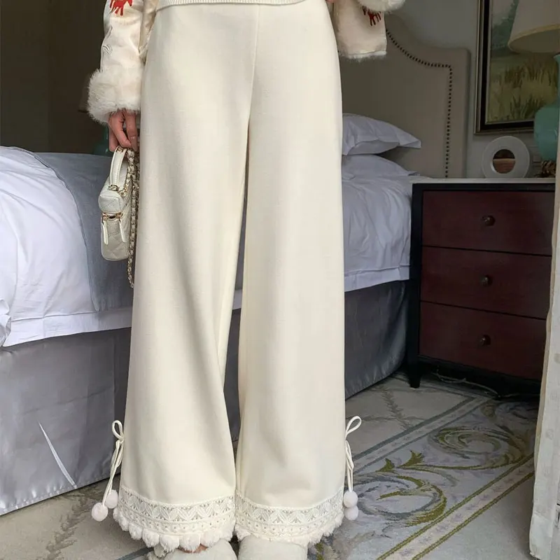Vintage Elegant Beige Wide Leg Pants Women Lace Fringe Drawstring Trousers Autumn Winter Fashionable Gentle Loose Casual Pants