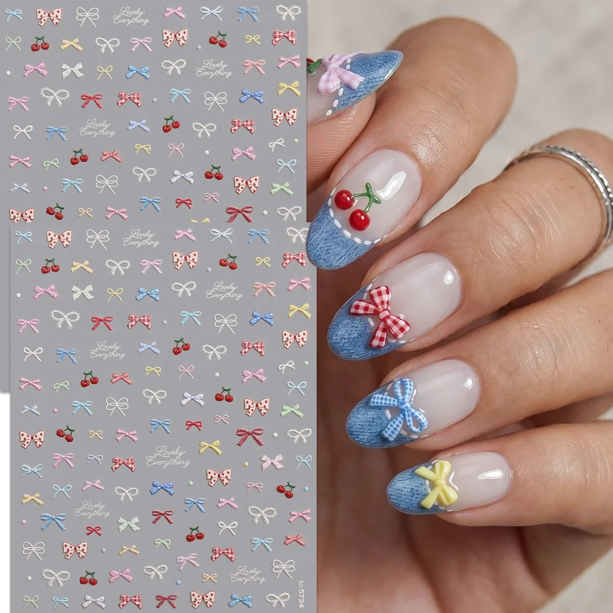 5D Embossed Bow & Cherry Nail Stickers, Sweet Coquette Style Textured Decals for Music Festival, Party & DIY Manicure