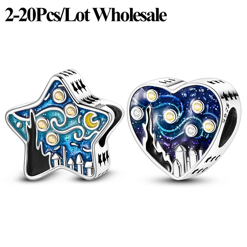 2‑20Pcs/Lot Wholesale 925 Sterling Silver Van Gogh Starry Night Charms Beads Pendants Fit DIY Bracelets Bulk Jewelry Gifts