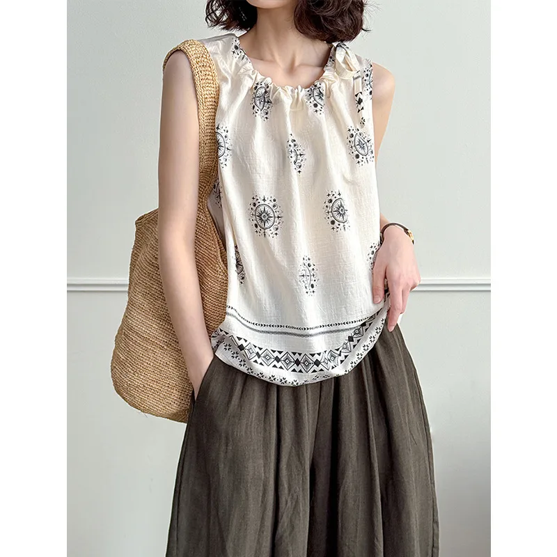

Summer Korean women's shirt, loose round neck sleeveless T-shirt, versatile slimming lace sleeveless top