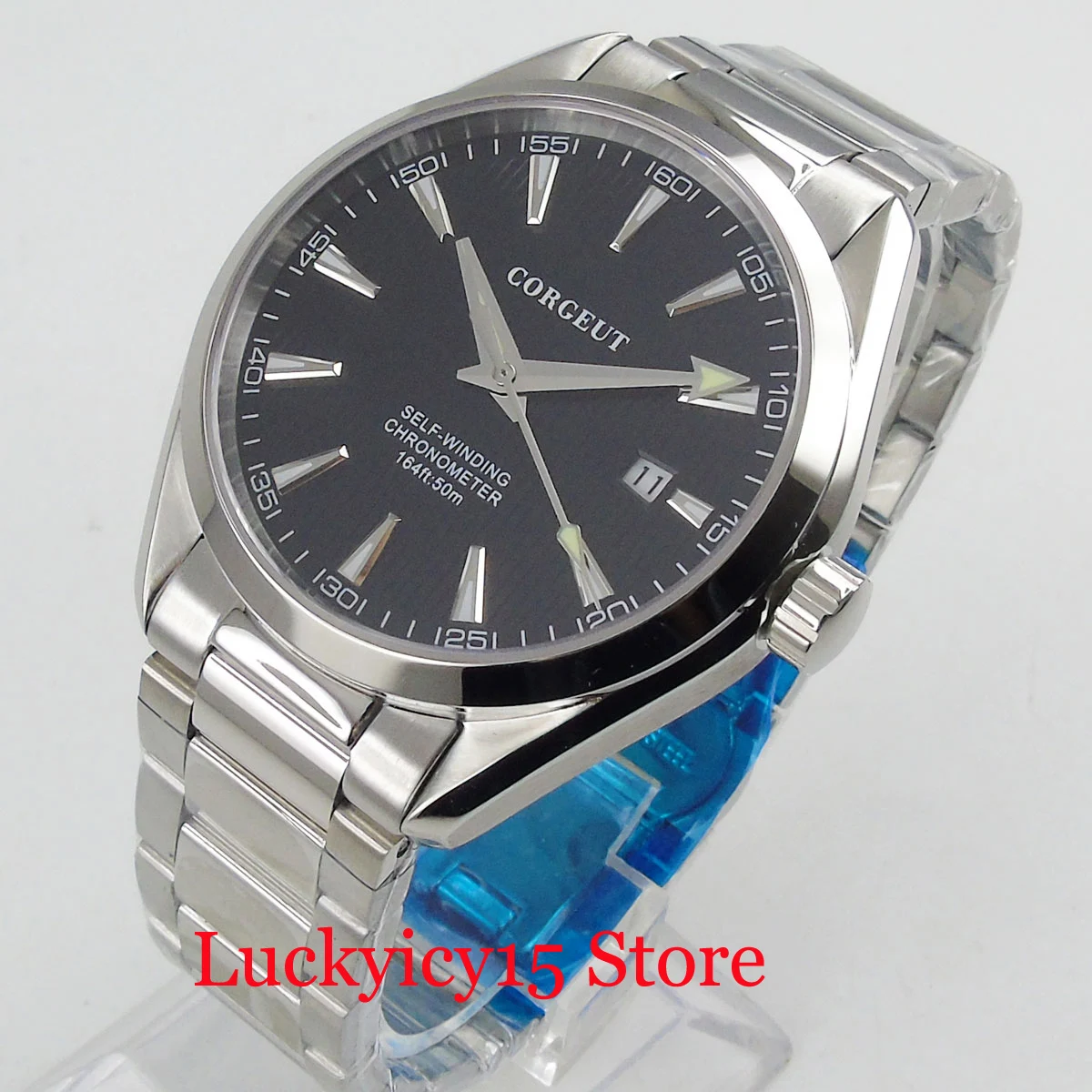 CORGEUT 41MM Wristwatch Round Case NH35A Automatic Men Watch Date Adjustment Blue Dial Sapphire Glass Mental Strap