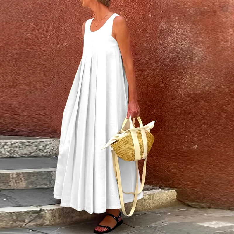 

Freeacy Summer Solid Color Pleated Dress for Women U-neck Sleeveless Loose Fit Big Swing Casual Dress Streetwear Vacation Dress