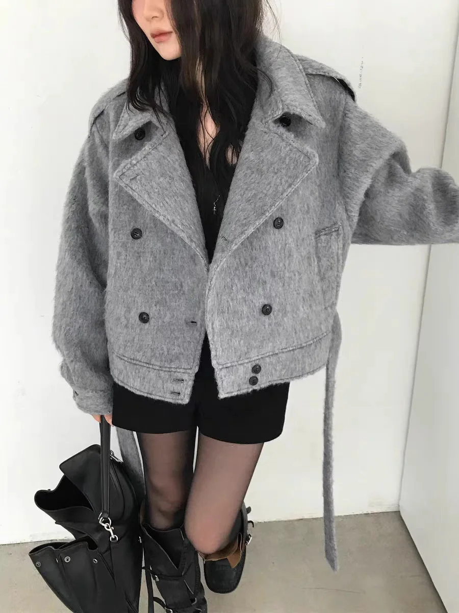 معطف صوفي من East Gate ort للنساء مزدوج الصدر بتصميم كلاسيكي بحزام معطف صوف رائع ملابس خارجية شتوية للسيدات