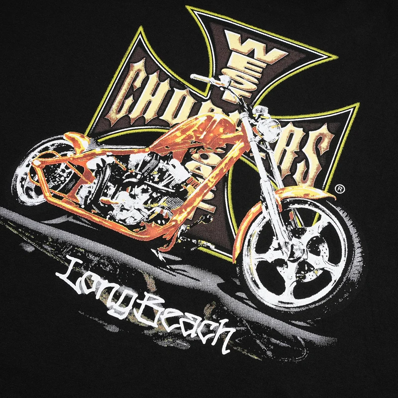 American Style New Retro Motorcycle Pattern Quality Comfortable Long Sleeve Men Women Casual Round Neck West Coast T-shirt Tops