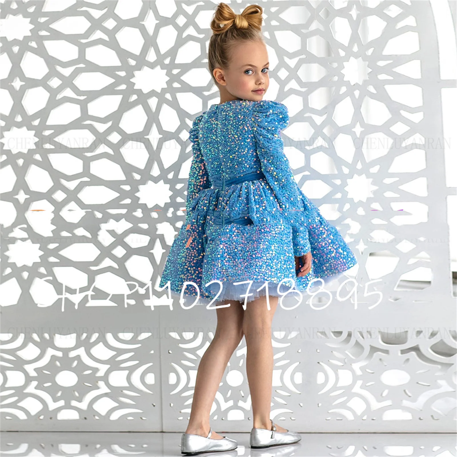 

Sky Blue Flower Girls Dresses 2023 Sequin Long Sleeves Puffy Kids Wedding Party Dress Velour Bow Glitter Child Bridel Gowns