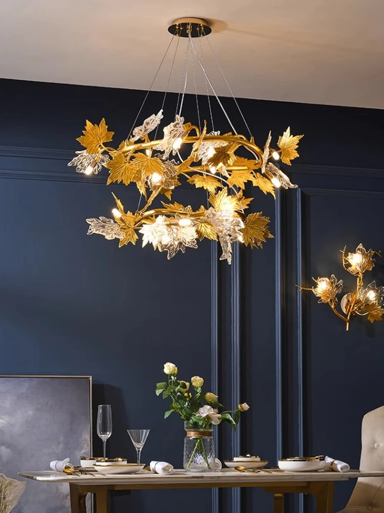 LED Luxury Restaurant Pendant Light Modern Personalized Creative Maple Leaf Light Fashionable Living Room Art Circular Light