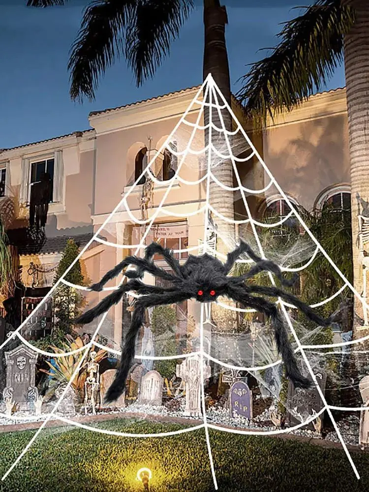 Halloweenowa Pajęczyna Trójkątna, 5m Duża Pluszowa Symulacja Pajęczyny, Rekwizyty Dekoracyjne na Podwórko do Nawiedzonego Domu — 2