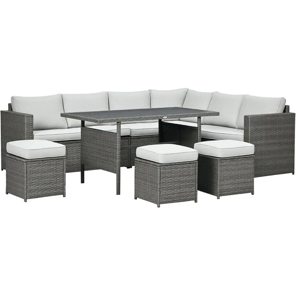 

Outdoor Patio Furniture Set: 7-Piece L-Shaped Sectional with Loveseats, Ottomans, Dining Table, Cushions, Storage - Mixed Gray