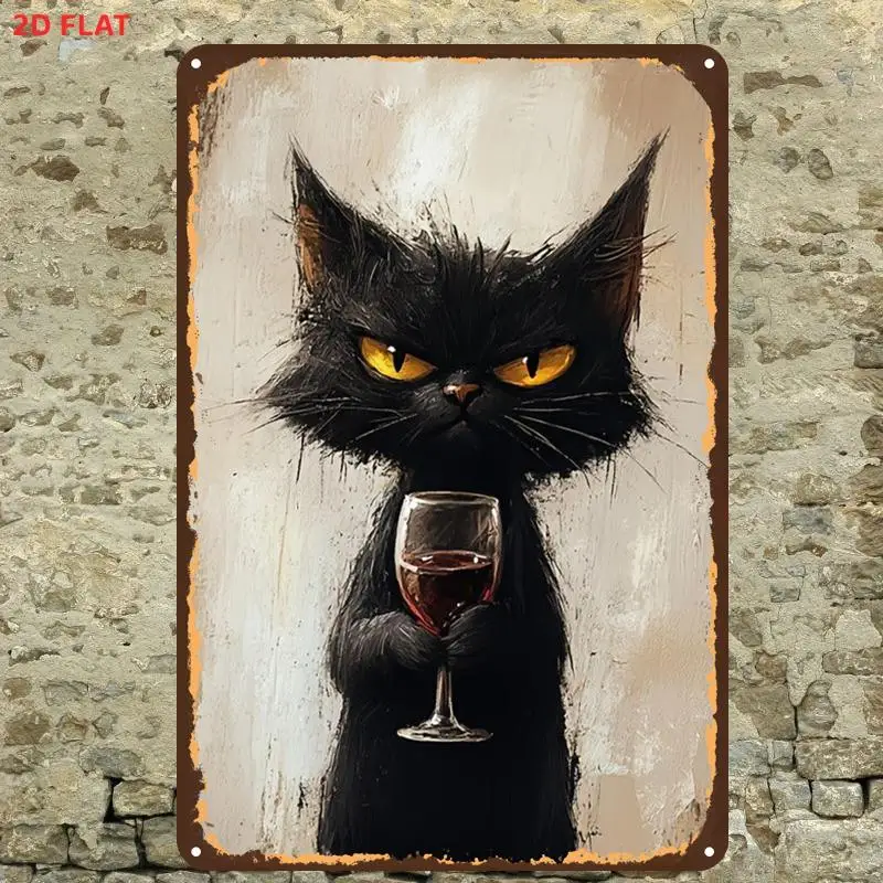 2D Flat, 1pc, Angry Black Cat Holding Wine Glass Art Print Metal Iron Sign, Pre-Drilled Holes, Suitable for Indoor, Garden, O