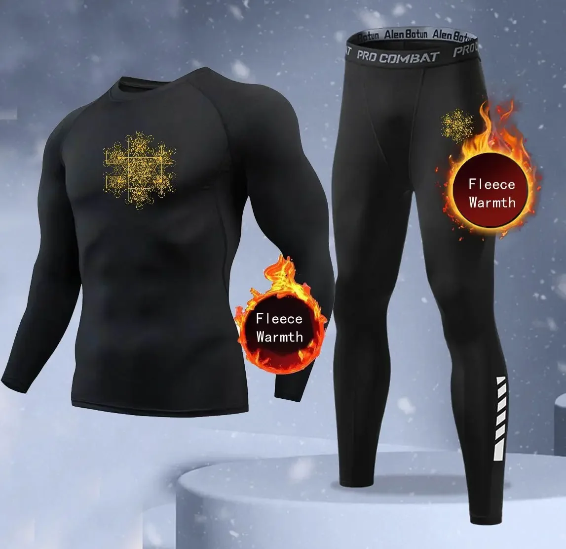 Nouvel ensemble de sport d'hiver pour hommes et femmes, deux pièces, motif flocon de neige doré, surface confortable et chaude.
