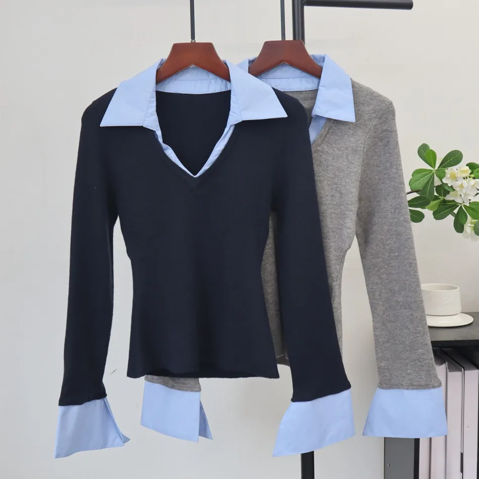 Polo-Kragen Kontrast-Patchwork Koreanische T-Shirts Langarm Fake Zweiteiler Trend-Oberteile Mode Büro Frühling Herbst Damenbekleidung – Detail 6