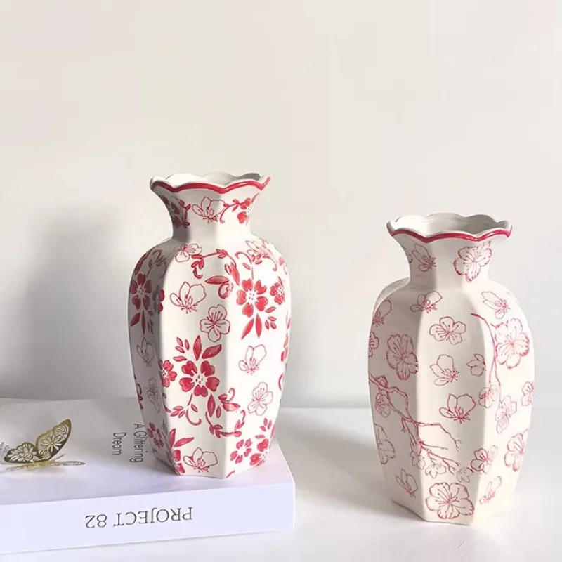 Red Ceramic Vase Painted Flowers Decoration Hydroponic Flower Ware Living Room Entrance Dining Table Ceramic Flower Vase Gifts