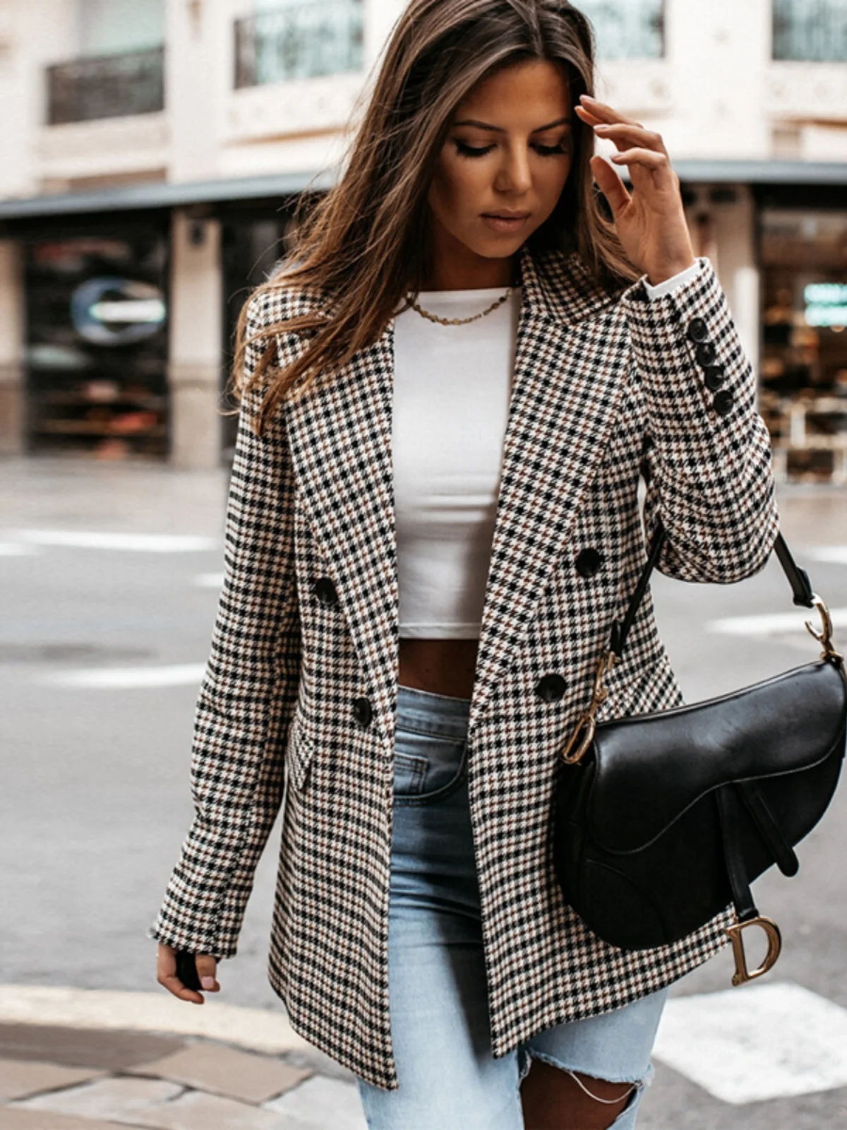 

Elegant Lady's Retro Plaid Double-breasted Slim-fit Long Sleeve Suit Coat Mid-length Street Style Polyester Autumn Outerwear