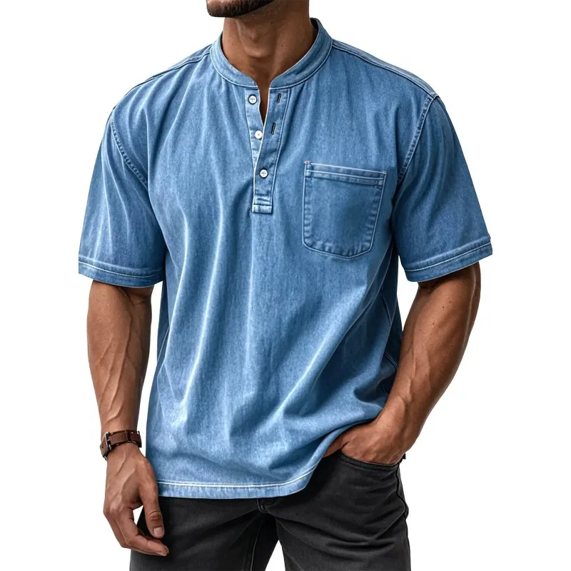 Men's Henley Short Sleeve T-Shirt Washed Denim Texture Button Stand Collar Tee with Chest Pocket Casual Loose Summer Top