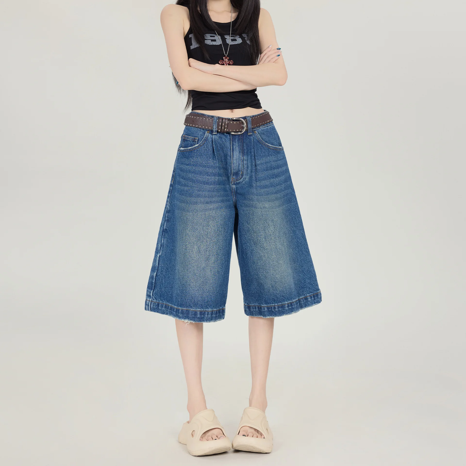 

Свободные джинсовые шорты в американском стиле ретро. Новые летние модные женские джинсы средней длины с прямыми штанинами и заниженной талией