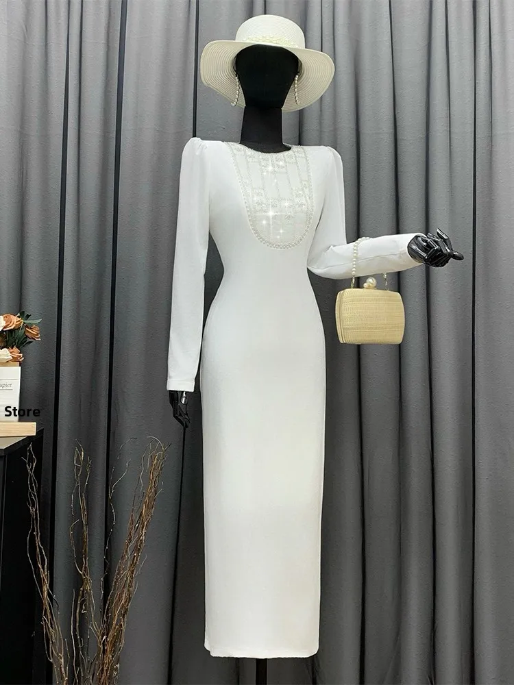 

Платье Pinno Heavy Du Long из бархата с пайетками, с завышенной талией, белое, простое, облегающее, осенне-зимнее, новинка, из полиэфирного волокна