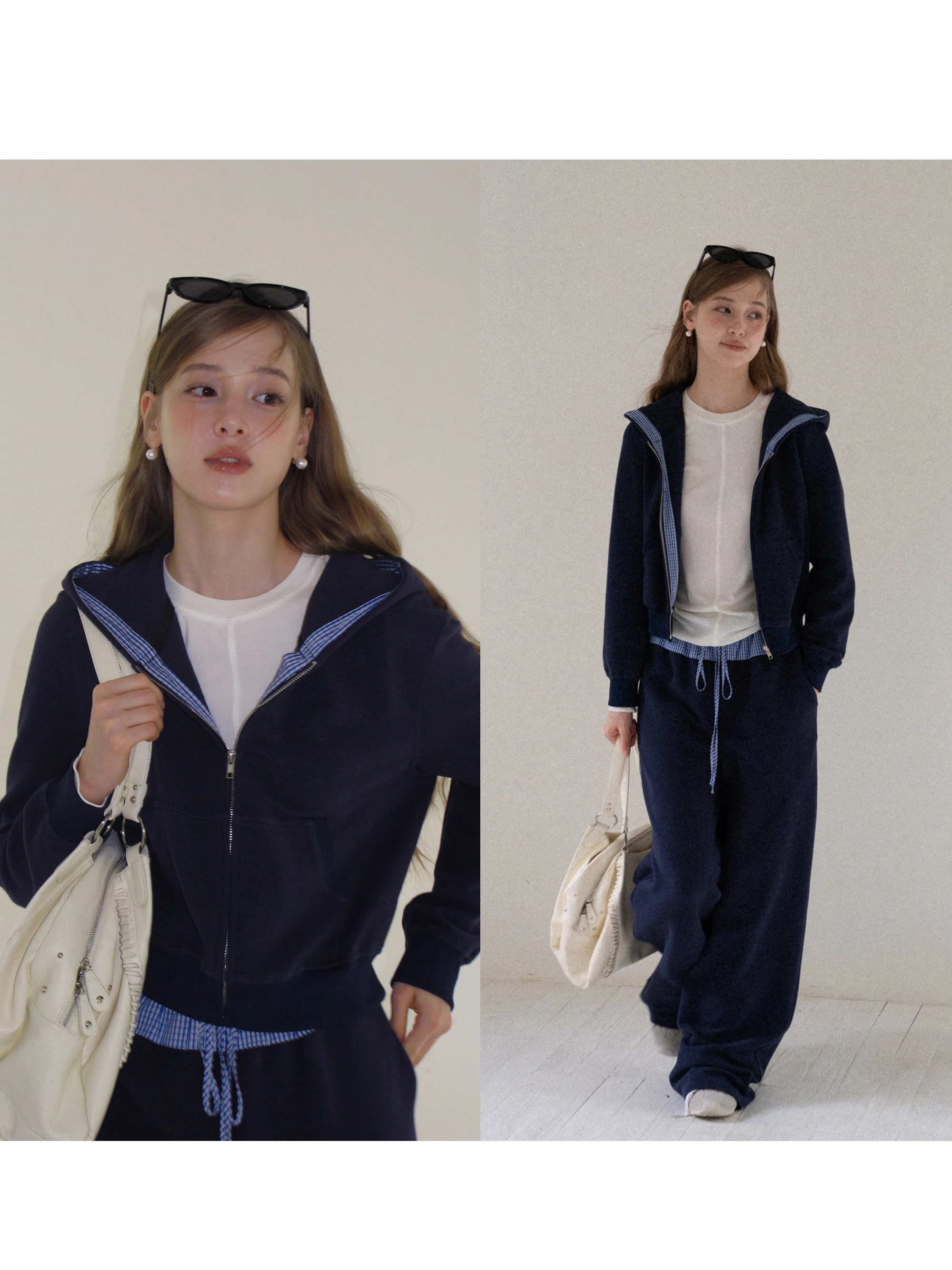 

Eggka Blue Zipper Hoodie Jacket Women's Patchwork Ruffle High Waist Straight Leg Casual Pants Two Piece Set Commute Style