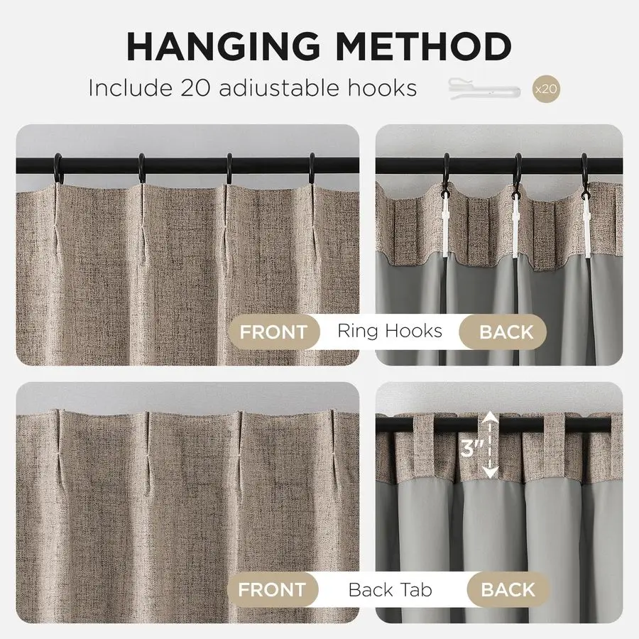 Zasłony z plisami, 100% zaciemniające do sypialni, lniane zasłony 100 cm szer. x 213 cm dł., termoizolacyjne, 2 panele, zasłony blokujące światło, B