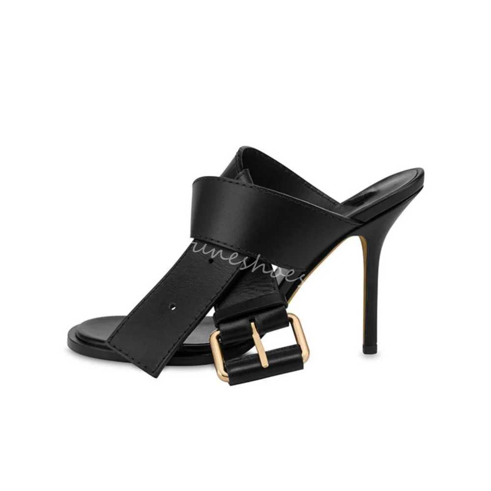 

Buckle Leather Mules High Heels Women 2025 Summer Luxury Designer Open Toe Slip On Hollow Travel Slippers Simple Fashion Pumps