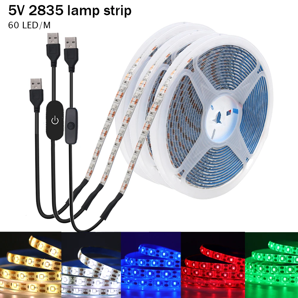 

5V USB LED Strip Light 2835 Dimmable Touch Switch 60Led Backlight TV Flexible Tape Under Cabinet Light Night Lamp Warm White Red