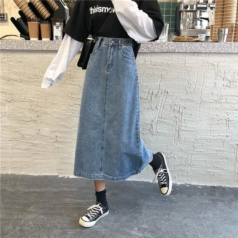 2024 Fashion Vintage Long Denim Skirts Woman Spring Summer High Waist Button Pockets Split Jeans Straight Maxi Denim Maxi Skirts