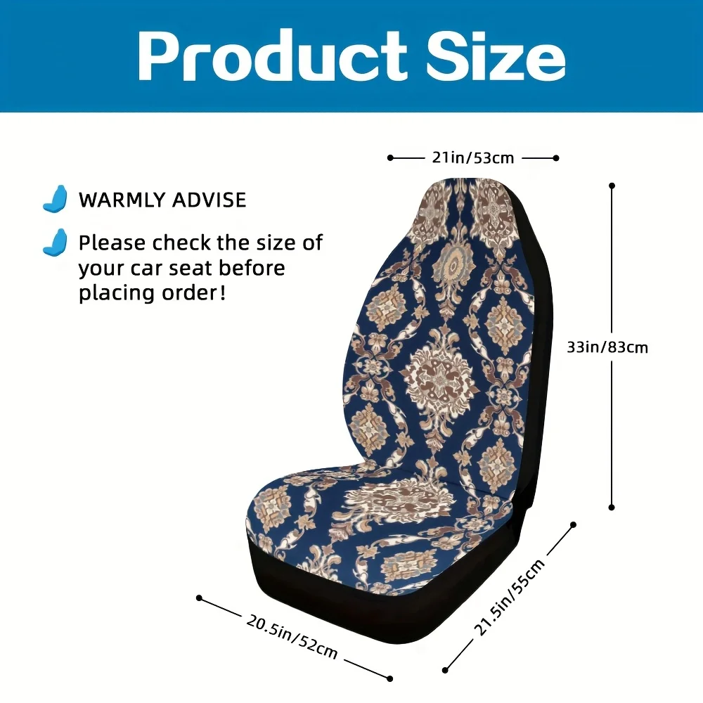 2pcs Bohemian Mandala Car Seat Covers - Navy & Golden Floral Pattern, Durable Polyester, Fit For Front Seats Of Cars & Trucks, M