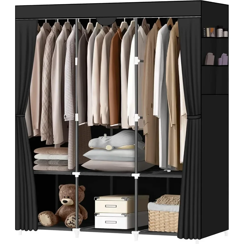 

Portable Closet,portable closets for hanging clothes with 3 Hanging Rods and 6 Storage Shelves and 4 Side Pockets,Black Wardrobe