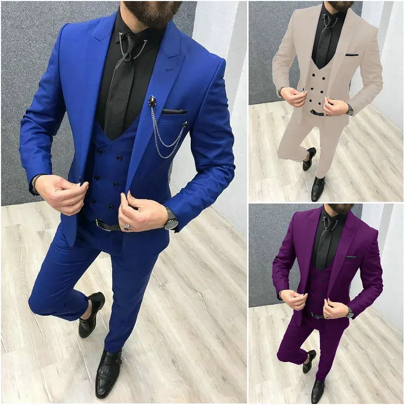 

Classic Royal Blue Wedding Suits For Men Peak Lapel Groom Tuxedos 3 Pieces Sets Slim Fit Prom Blazers Groomsmen Terno Masculinos