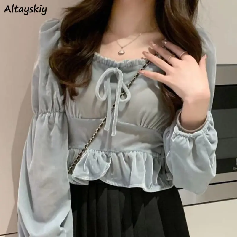 

New Spring Blouses Women Vintage French Slim Elegant Puff Sleeve Cropped Gentle Office Ladies Designed Ruffles Sweet Female Chic