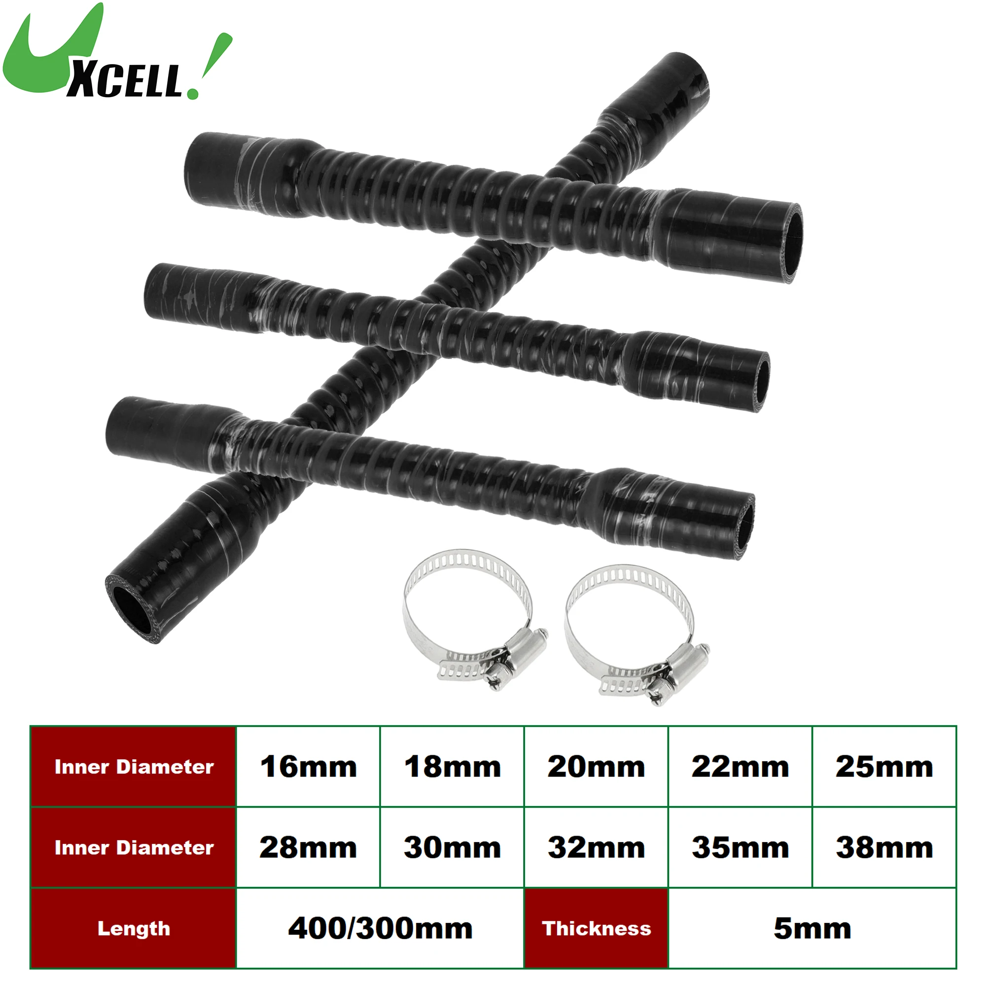 UXCELL 300mm 400mm Long Car Silicone Corrugated Pipe Threaded Hose Inlet Outlet Joint Hose with Clamps 16/20/22/25/30/35/38mm ID