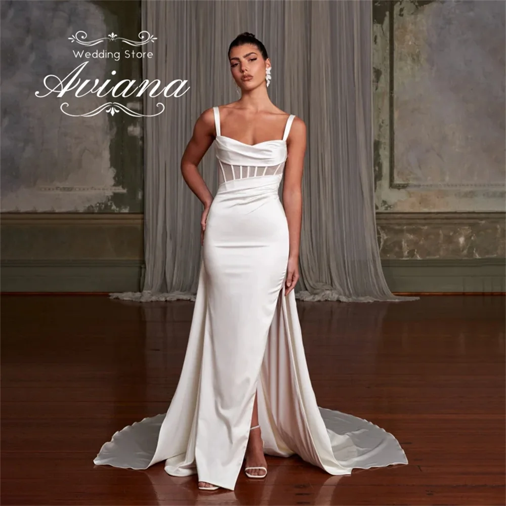 

Свадебное платье русалки без рукавов со съемным шлейфом и высоким разрезом на тонких бретельках по индивидуальному заказу, простое