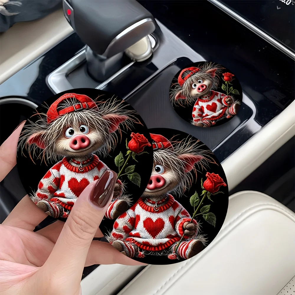 2pcs Cute Pig Offering Red Rose Theme Print Car Coasters - Durable Non-Slip Car Cup Holder With Cute And Cool Graphics, Center C