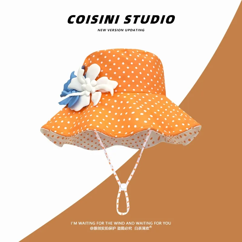 

Korean Bucket Hat Women Floral Decor Polka Dot Color Block Summer Travel Sun Caps Foldable Show Small Face Casual Fisherman Cap
