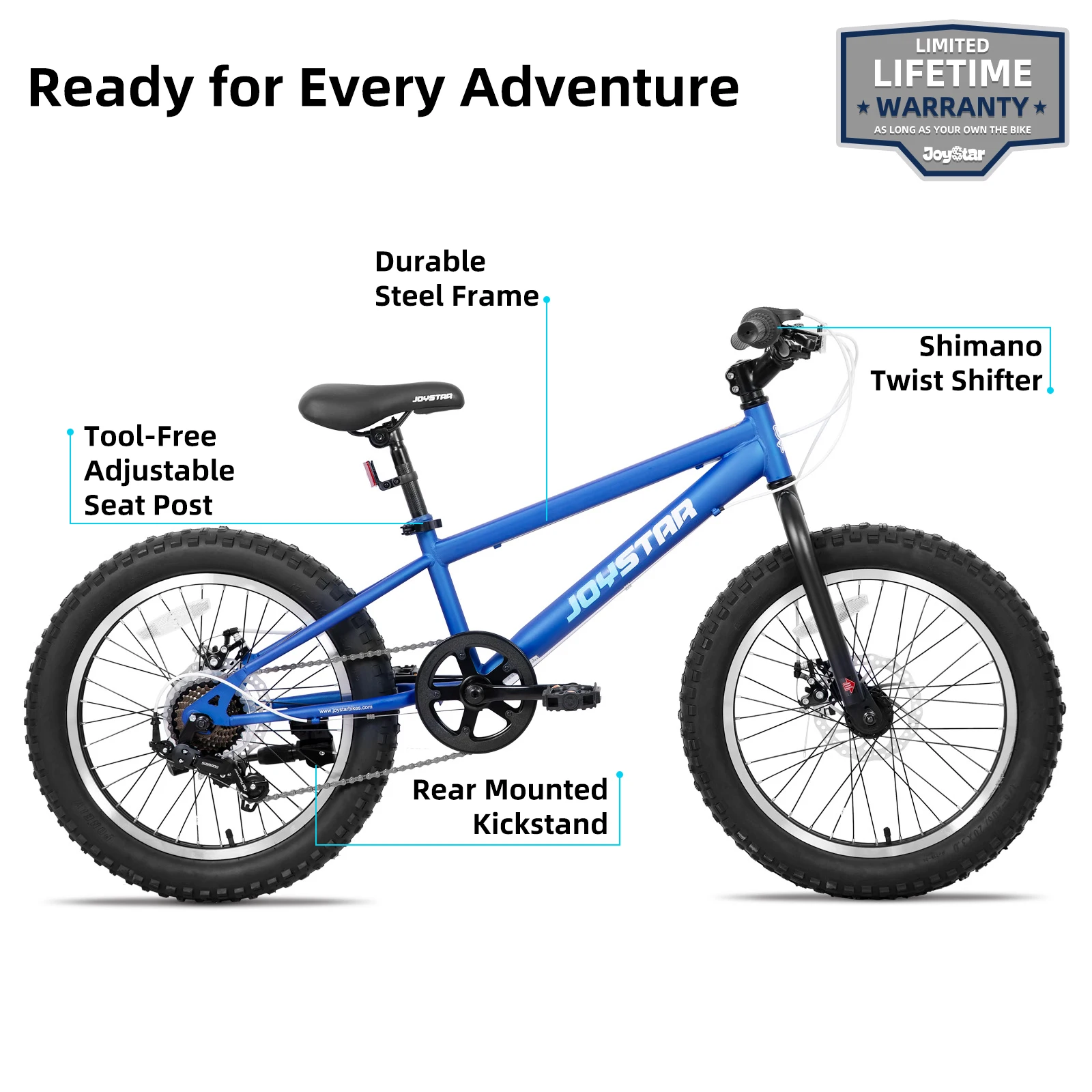 JOYSTAR 20 Inch Mountain Bike for Kids Ages 7-12 Year Old, Fat Tires, 7 Speed Shimano Drivetrain, Disc Brakes, Fat Tire, Blue